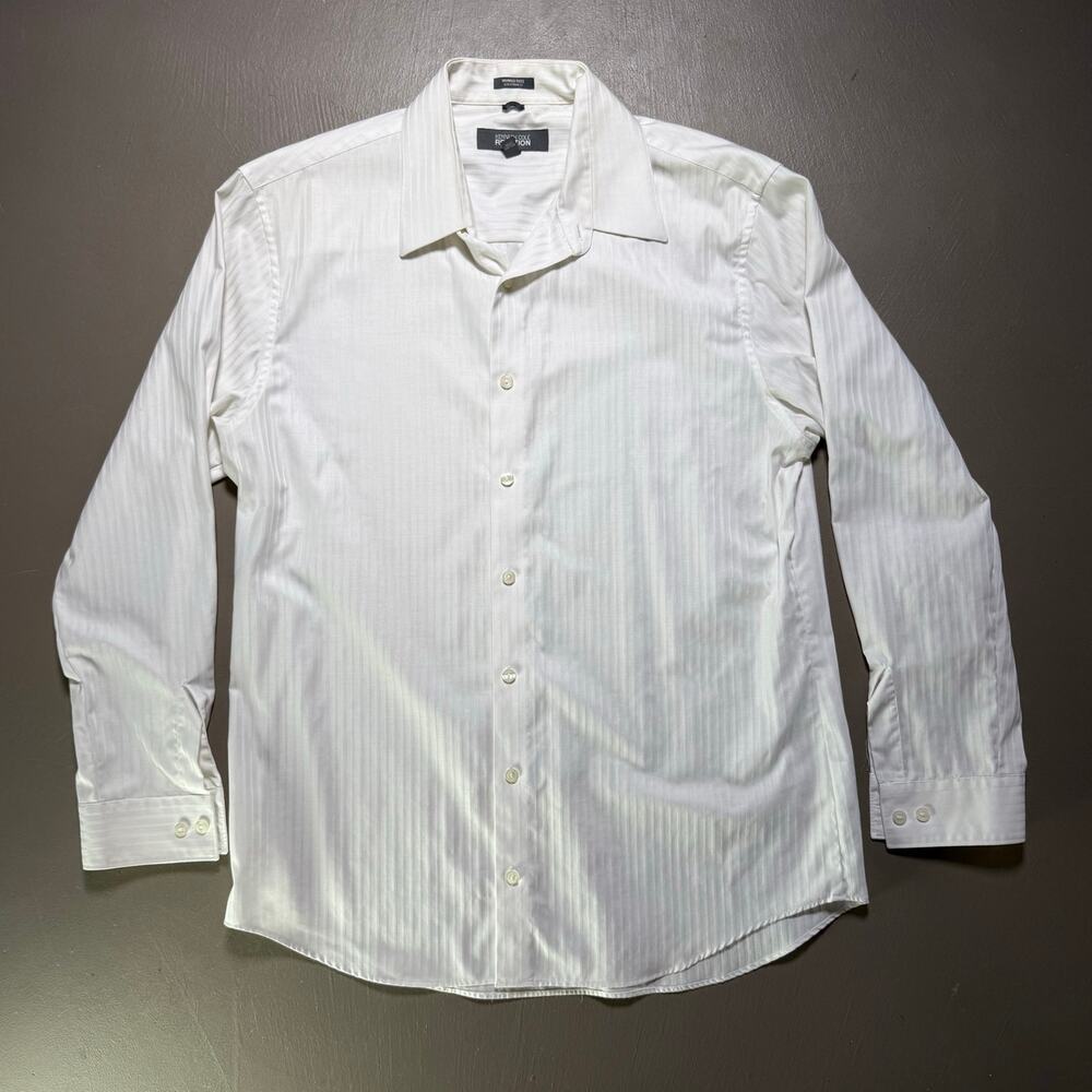 Kenneth Cole Reaction Slim Fit Dress Shirt White Pinstripe 100% Cotton L Office